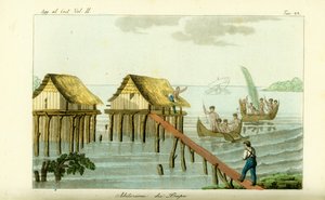 Paaldorpen in de oceaan op Rawak Island, Papoea-Nieuw-Guinea door Unbekannt