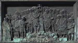 Straatsburg, Bas-reliëf van de sculptuur van Gutenberg. Europa door William M. Timlin