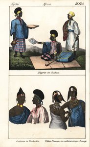 Soedanese vrouwen in gestreepte jurk. Hieronder, demmes van Timboektoe (Mali) en Tibbo vrouwen van de Sahara. Lithografie voor het boek: “Galerie complete en tableaux fideles des peuples d