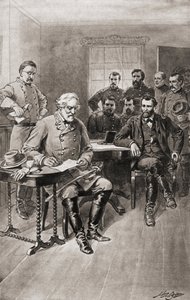 Overgave van Robert E. Lee aan generaal Ulysses S. Grant, Appomattox Court House, Virginia, op 9 april