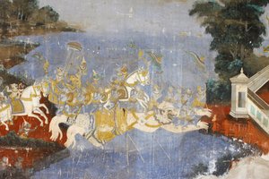 Zilveren Pagode. Deze muurschildering beeldt scènes uit de Reamker uit, de Cambodjaanse of Khmer-versie van het klassieke hindoeïstische gedicht Ramayana, Phnom Penh, Cambodja door Unbekannt