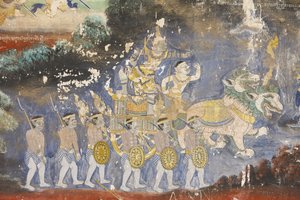 Zilveren Pagode. Deze muurschildering beeldt scènes uit de Reamker uit, de Cambodjaanse of Khmer-versie van het klassieke hindoeïstische gedicht Ramayana, Phnom Penh, Cambodja door Unbekannt