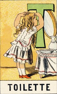 T : Toilette - Gravure uit ABCD van kleine meisjes. Pellerin & Cie, drukker-uitgever, Epinal, circa 1890. Serie A. Afmetingen: 19 x 13,5 cm door Unbekannt