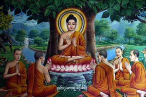 Tempelfresco met Boeddha en discipelen. Cambodja