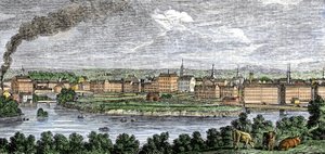 Textielfabrieken langs de Merrimack (Merrimac) en Concord rivieren, Lowell, Massachusetts, VS in de jaren 1830. Gekleurde gravure uit de 19e eeuw. door Unbekannter Künstler
