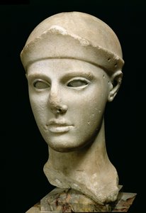 De Athena van Aegina, met een helm, hoofd van een standbeeld, Grieks, Aeginetisch, ca. 460 v.Chr. door Unbekannt