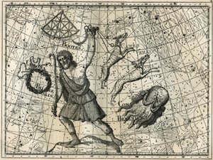 De Boog, de Boreale Kroon, de jachthonden, het haar van Berenice. Gravure uit Camille Flammarion