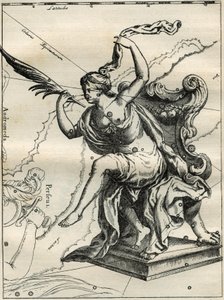De Cassiopee van de Atlas van Hevelius (1690): Cassiopee, vrouw van de Ethiopische koning Cephee, zittend op een armstoel versierd met palmbomen. Gravure uit 
