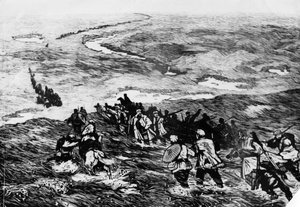 Het Chinese Rode Leger trekt door het moerasgebied. Een houtsnede door Li Huan-min. Het Rode Leger wordt getoond terwijl het in 1935 een moeras oversteekt door Unbekannt