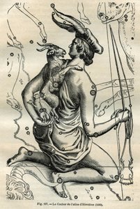 De Koets van de Atlas van Hevelius (1690): Het sterrenbeeld van de Koets, die in de rechterhand een zweep en teugels houdt en op de linkerarm de Chevre en twee chevrals, is een van de oudste in de Griekse sfeer. Gravure uit Camille Flammarion