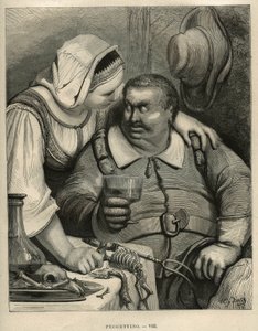 De kleine Pouket: de reus en zijn vrouw na het eten. Gravure door Gustave Dore (1832-1883) uit Les contes door Charles Perrault (1628-1703)