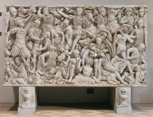 De Ludovisi-sarcofaag met hoogreliëfvoorstelling van de Romeinen die tegen de barbaren vechten, 250-80 AD door Unbekannt