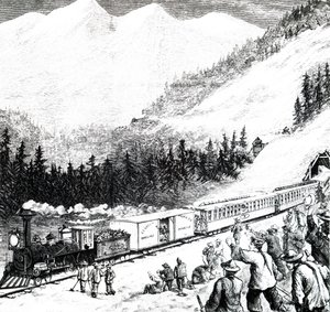 De Pacific Railroad in de Sierra Nevada bergen