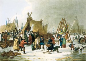 De Theems bevroren tijdens de winter van 1813-1814, voor de sloop van de oude London Bridge in 1831, de Theems bevroor tijdens zeer koude winters, en Londenaren maakten van de gelegenheid gebruik om speelplaatsen voor kinderen op te zetten, geïmproviseerde door Unbekannter Künstler