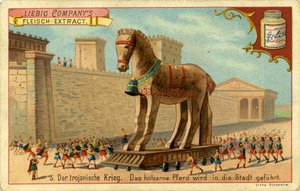 De Trojaanse Oorlogen: Het Houten Paard wordt de stad binnengeleid door Unbekannter Künstler