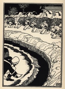 De baron verdedigt zich tegen de aanval van leeuwen door buskruit in brand te steken. Illustratie door William Strang (1859-1921) en JB Clark uit “The Adventures of the Baron of Munchausen (Munchhausen) door Rudolf Erich Raspe (1736-1794) (1789) door Unbekannt