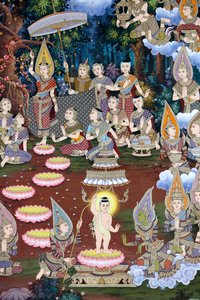 De geboorte van de baby Siddhartha, muurschildering, Wat Maniratanaram klooster, Phnom Penh, 2022 (foto)