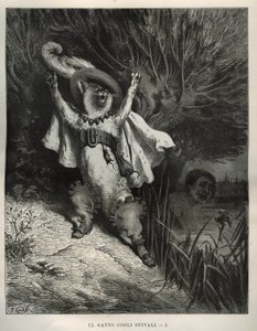 De laars kat roept om hulp. Gravure door Gustave Doré (1832-1883) uit 