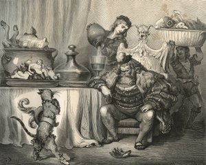 De laars kat ontmoet de reus. Gravure door Gustave Doré (1832-1883) uit 