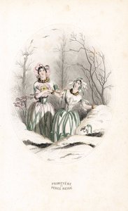 De feeën doorboren sneeuw en sleutelbloem in een besneeuwd landschap - Ets door Charles Geoffroy (1819-1882), gebaseerd op een illustratie door Jean Ignace Isidore Gerard alias J.J.J.Granville (1803-1847), voor Les fleurs animees door Unbekannter Künstler