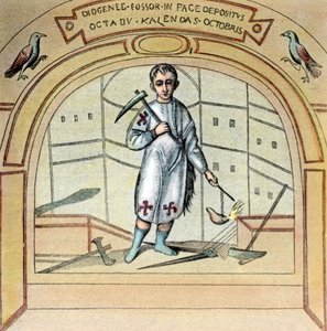 De fossor of grafdelver Diogenes als muurschildering in de St Marcellino kerk in de Via Labicana in Rome, Italië door Unbekannter Künstler