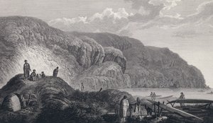 De inwoners van Oonalashka (of Unalaska, Alaska, Verenigde Staten) en hun huizen. Gravure eind 18e eeuw, naar John Webber