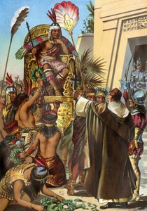 De missionaris pater Vicente de Valverde sprak koning Inca Atahualpa toe in 1532 door Unbekannter Künstler