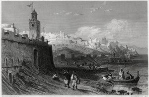 De pittoreske haven van de versterkte stad Tanger in de 19e eeuw, in het boek over de Middellandse Zee door Louis Enault, een Franse journalist en reiziger