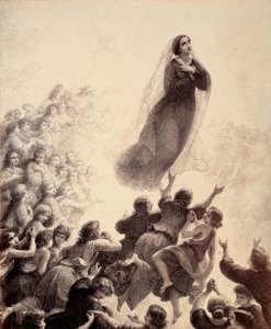 De geesten van de gezegenden, met uitgestrekte armen, begeleiden Maria