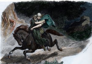 De krijgsheer van de Germaanse stam van de Cherusci Arminius (Armenius) (18 v.Chr.- 21 n.Chr.) ontvoert Thusnelda (Arminius (Hermann) stamhoofd van de Germaanse Cherusci en zijn vrouw Thusnelda) Gravure uit "Germania" door Johannes Scherr 1880