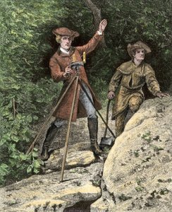 De jonge George Washington (1732-1799) werkend als landmeter in Virginia. Kleurengraving uit de 19e eeuw.