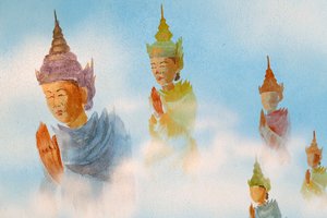 Thien Lam boeddhistische tempel, muurschildering, aanbidders, Hue, Vietnam, 2019 (foto) door Unbekannt