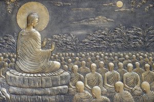Tinh Xa Ngoc Chau Boeddhistische tempel, Het leven van de Boeddha, Siddhartha Gautama, Boeddha met discipelen, onderwijzend, De Boeddha spoorde Zijn eerste zestig Arahant discipelen aan om in verschillende richtingen te gaan om de Leer te prediken, Chau Do door Unbekannt