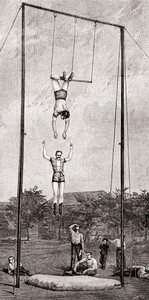 Trapeze-artiesten in de 19e eeuw, uit The Century Magazine, gepubliceerd 1887 (gravure) door Unbekannt