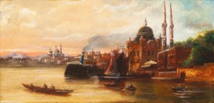 Turken roeien op de Bosporus voor een moskee