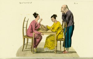 Twee Chinese vrouwen spelen het spel congkak of tchonka, Timor