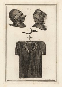 Twee uitzichten van een bijzonder helm in de Tower of London, een curieuze antieke prikkerspoor en een maliënkolder door Unbekannt