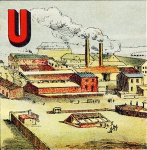 U : Fabriek. Een fabriek is een enorme werkplaats met veel machines; zoals in de gigantische fabriek van Le Creusot - Gravure uit Alphabet geographique. Guerin-Muller et Cie, uitgevers, Parijs door Unbekannt