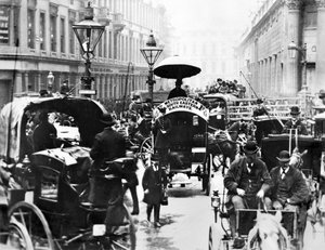 Verenigd Koninkrijk: Een drukke scène bij de Bank met de Metropolitan en South Eastern Railways Bus. Londen, ca. 1878 door Unbekannt