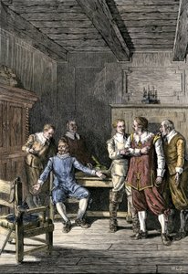 Verenigde Staten, Massachusetts: Geschil tussen John Winthrop (1588-1649) en Thomas Dudley (1576-1653) in de Massachusetts Bay Colony. Kleurgravure uit de 19e eeuw door Unbekannter Künstler