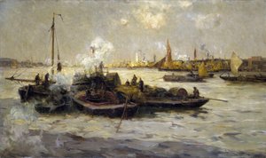 Uitzicht op Limehouse, Engeland, met een beschrijving van de industrialisatie van de Theems aan het einde van het Victoriaanse tijdperk (laat 19e eeuw) en van sleepboten, cutters en schuiten, op de achtergrond de Witte Toren van Sint George door Unbekannter Künstler