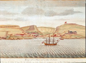 Uitzicht op Sao Tiago (Santiago) in Kaapverdië (tekening) door Unbekannter Künstler
