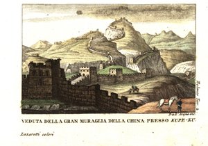 Uitzicht op de Grote Muur van China bij Kou-Pee-Keow, bij de pas tussen China en Oost-Tartary. Uit Samuel Holmes (18e-19e eeuw) Journal of a Voyage to China and Tartary. Kopergravure door dell