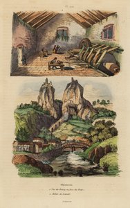 Uitzicht op de stad, brug en rotskerk in Oberstein 1, en uitzicht op de agaat- en jaspissteenpolijstfabriek 2