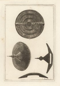 Zichten van een oude concave rondel met umbo of spike gemaakt van leer, ijzeren plaat en koperen spijkers door Unbekannt