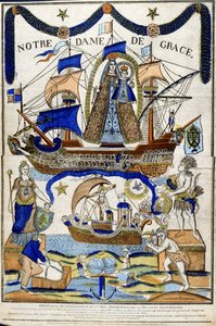 Maagd Maria als Madonna in Glorie (Notre Dame de Grace) als beschermster van zeelieden en reizigers, met de Heilige Geest die over een schip vliegt in het onderste deel. 19e eeuw (Franse houtsnede) door Unbekannter Künstler