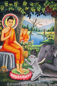 Muurschildering in Wat Pitchey Udong: Scène uit het leven van de Boeddha, Boeddha gevoed door een aap terwijl hij vastte, Kampot, Cambodja