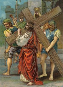 Kruisweg - via crucis - Kruiswegstaties: tweede statie, Jezus draagt zijn kruis. Chromolithografie Privécollectie