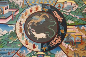 Levenswiel of wiel van Samsara (Mandala): haan, slang en varken, Kopan klooster, Kathmandu, Nepal door Unbekannt