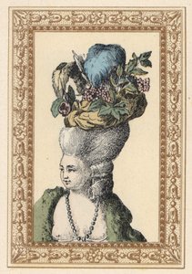 Vrouw in opgestoken kapsel met muts versierd met druiven en veren genaamd Racy Cap in een Engels park. Galante hoed in het Engelse park. Handgekleurde lithografie door de Laubadere uit Octave Uzane